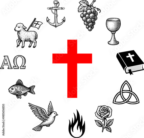 Christian Symbols Vector Set – Cross, Ichthys Fish, Holy Bible, Dove, Trinity, Alpha and Omega, Agnus Dei, Communion Elements, Anchor, Rose and Pentecost Fire Icons