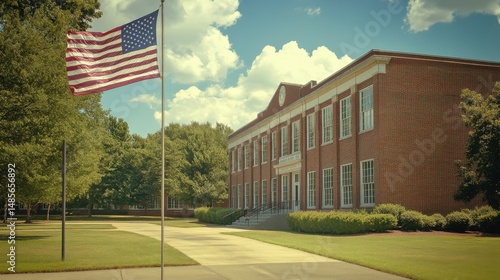 American flag waving proudly in front of a classic brick school building.