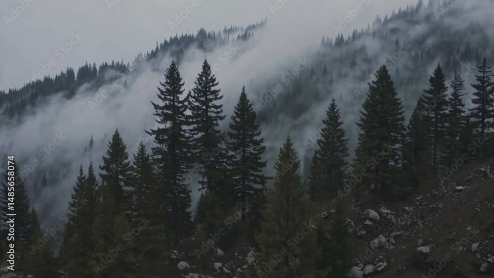 Dense fog rolling over pine-covered mountain slopes — tranquil and moody forest landscape in overcast weather Dense fog rolling over pine-covered mountain slopes — tranquil and moody forest landscape in overcast weather