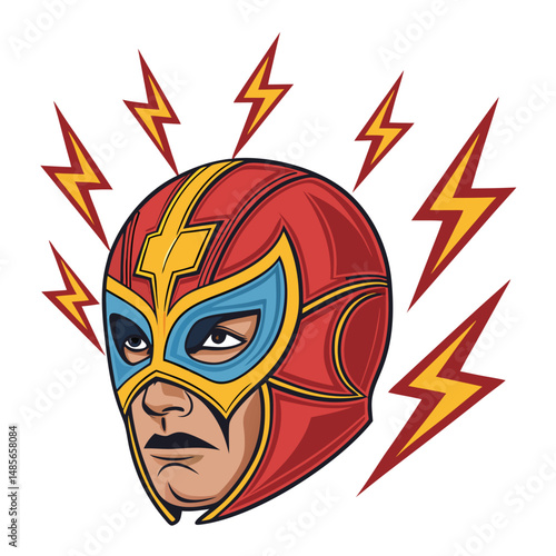 Create a detailed illustration of a masked wrestler's head, featuring intense red coloring and striking lightning bolt designs.  The mask should be highly detailed and expressive.