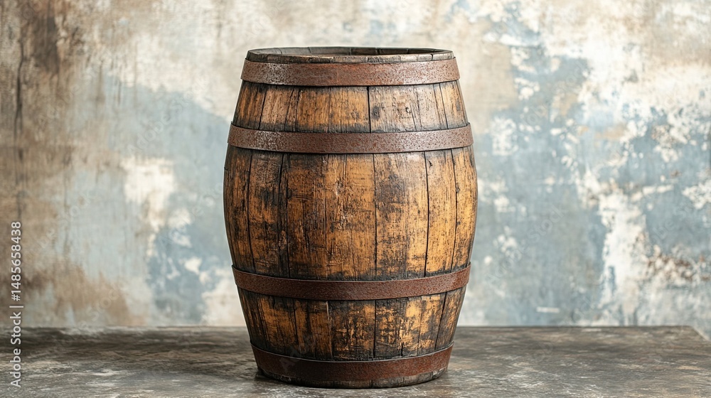 A rustic wooden barrel placed against a weathered background, offering a nostalgic and timeless aesthetic perfect for rustic-themed decor. A rustic wooden barrel placed against a weathered background, offering a nostalgic and timeless aesthetic perfect for rustic-themed decor.