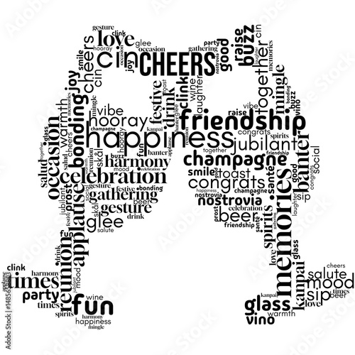 Cheers word cloud featuring celebration, joy, and friendship terms arranged in a festive typography design. Perfect for party invitations, festive events, and social gathering visuals