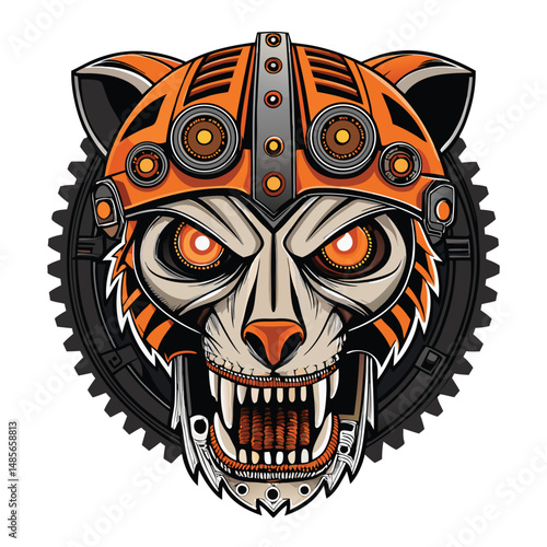 Render a detailed image of a mechanical tiger skull, featuring a piston-driven jaw and glowing internal components.  Focus on intricate detail and steampunk aesthetics.