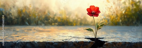 A solitary red flower growing through a crack in dry, cracked pavement with soft golden light and blurred greenery in the background, symbolizing resilience and hope