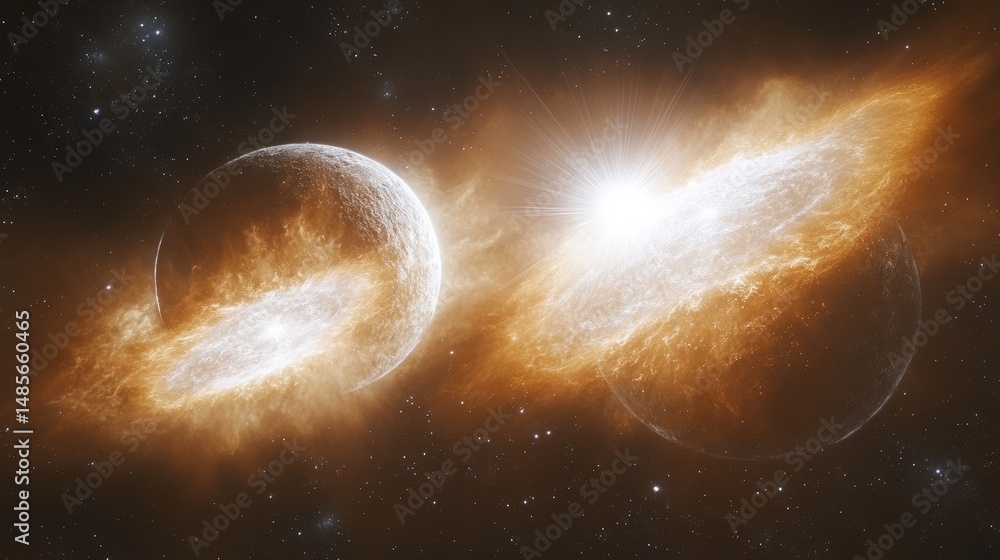 Obraz premium Cosmic explosion between two celestial bodies.