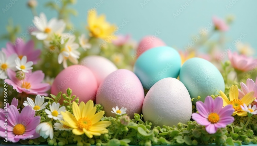 Pastel-colored Easter eggs nestled in a spring flower arrangement , Easter, happy Pastel-colored Easter eggs nestled in a spring flower arrangement , Easter, happy