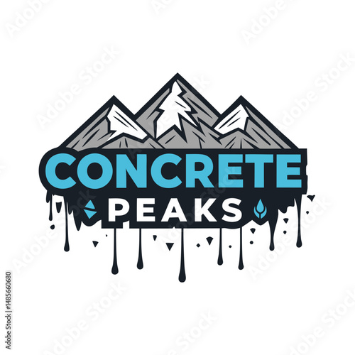Design a minimalist mountain logo featuring a stylized graffiti drip effect, incorporating sharp lines and bold colors for a modern, urban feel.