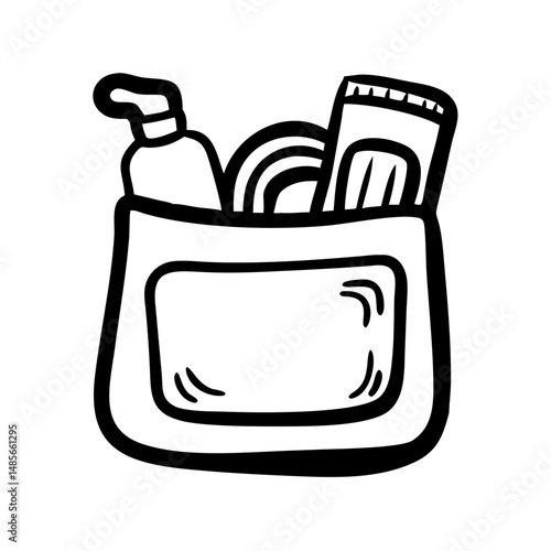 Travel toiletry bag filled with essentials on a transparent background  