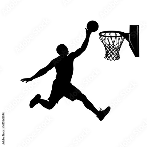 A male Basketball sports player vector silhouette slam dunk, scoring the ball into the net, Solid white background