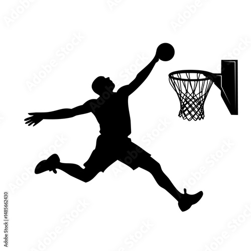 A male Basketball sports player vector silhouette slam dunk, scoring the ball into the net, Solid white background