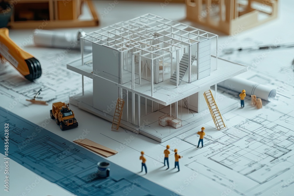 custom made wallpaper toronto digitalArchitectural model of a two-story house under construction. Miniature figures of workers are seen positioned around the model, alongside blueprints and construction tools