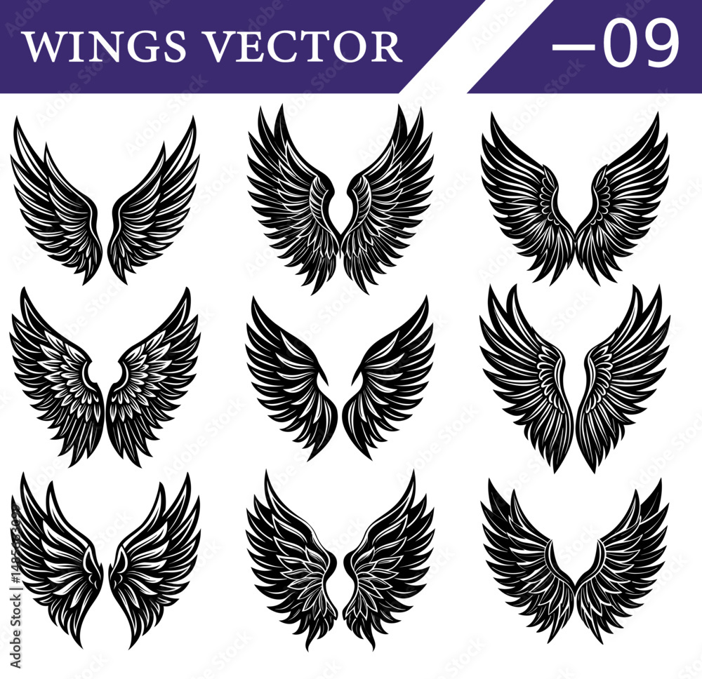 Fototapeta premium Black Angel and Demon Feather Vector Set – Gothic Style Wing Silhouettes for Tattoos, Posters, and Fantasy Digital Illustration Use.