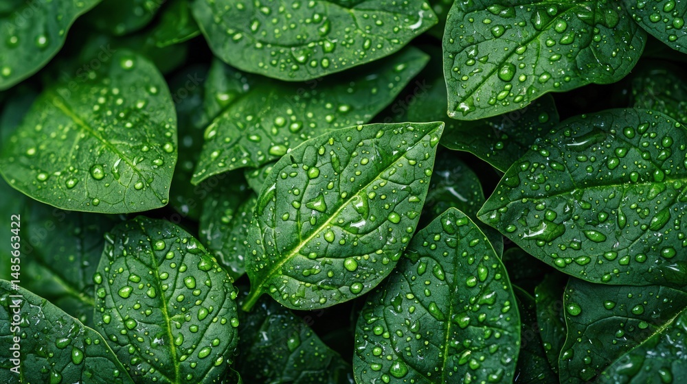 Fototapeta premium Fresh spinach leaves glistening with water droplets: a vibrant close-up