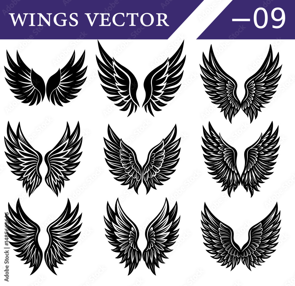 Fototapeta premium Decorative Vector Pack of Black Wings – Gothic Feather Silhouettes of Angel and Demon Wings for Tattoo Art and Fantasy Graphic Projects.