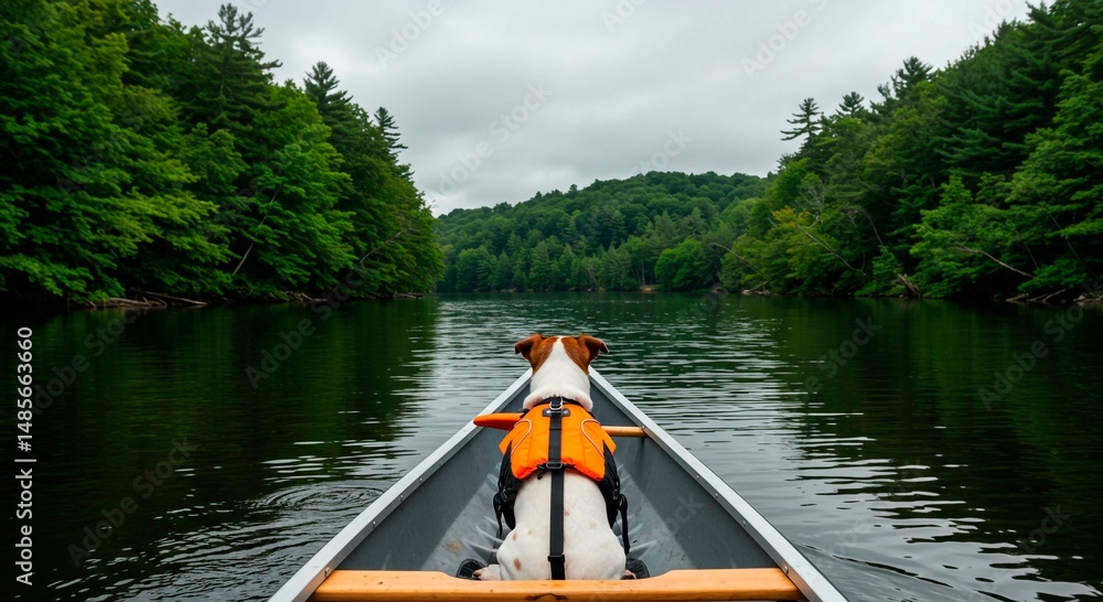 Fototapeta premium Dog in Canoe Adventure on Lake Surrounded by Lush Forest Exploring Nature and Wilderness with a Energetic Pet on a Summer Outdoor Vacation