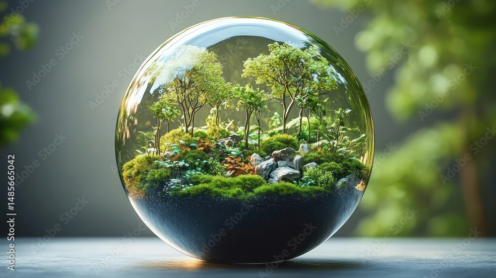 A miniature lush forest landscape with small trees, rocks, and vibrant greenery encapsulated inside a clear glass sphere on a smooth surface with a blurred green background A miniature lush forest landscape with small trees, rocks, and vibrant greenery encapsulated inside a clear glass sphere on a smooth surface with a blurred green background