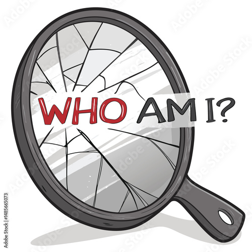 A close-up shot of a cracked mirror reflecting a blurry image, with the words "Who am I?" scribbled across the fractured surface in distressed handwriting.