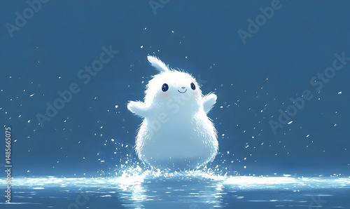 Animated fluffy creature jumps above water, a cute scene with bright illumination on light-blue background, fantasy creature