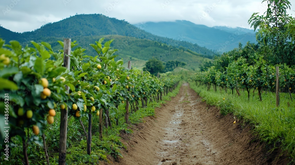 Lush green orchard showcasing sustainable farming in serene landscape Lush green orchard showcasing sustainable farming in serene landscape