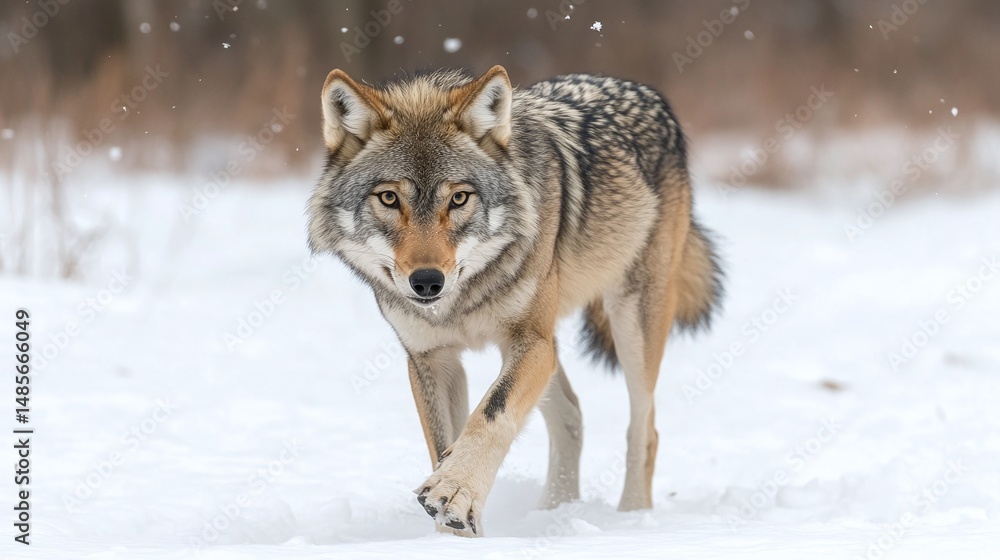 Naklejka premium Gray wolf striding through a snowy forest.