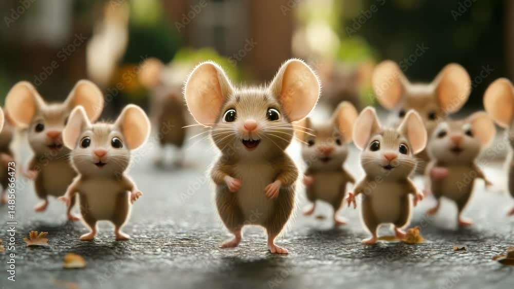 Adorable group of cartoon mice walking together, joyful mood