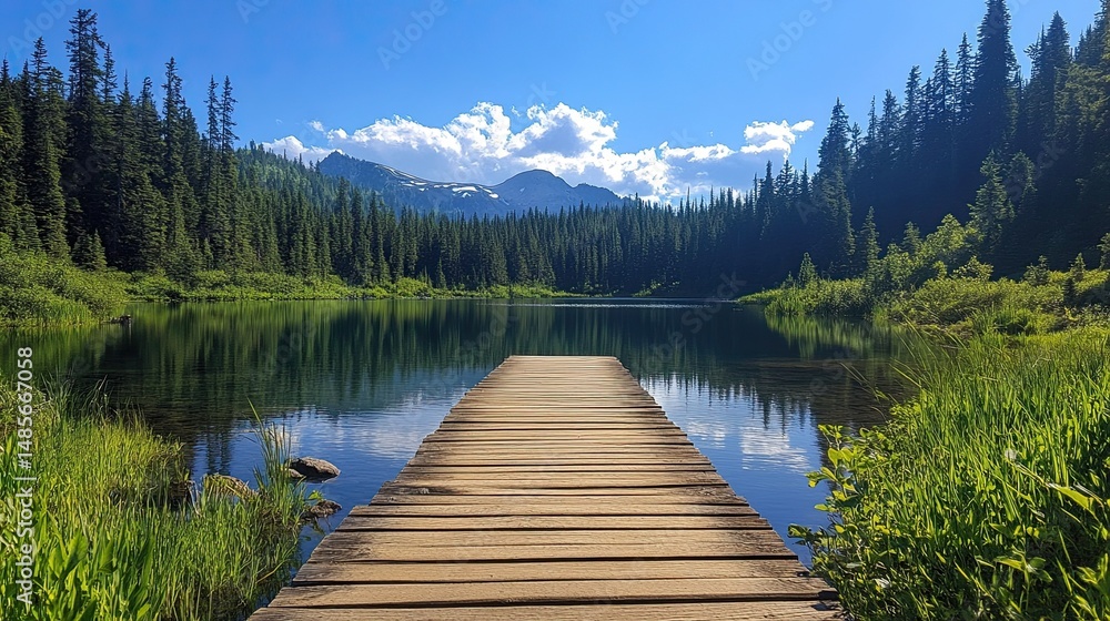 A rustic wooden boardwalk leading to a serene lake, inviting visitors to enjoy the calm and quiet beauty of the natural surroundings. A rustic wooden boardwalk leading to a serene lake, inviting visitors to enjoy the calm and quiet beauty of the natural surroundings.