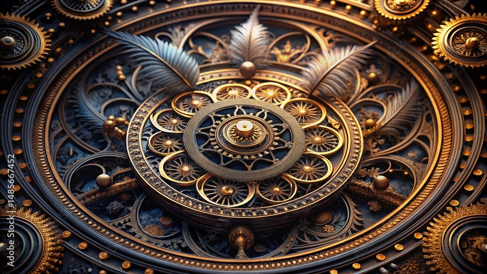 Fototapeta premium The antique gold detail of the old clock mechanism, a vintage pattern of time against a grunge background, evokes ancient European architecture