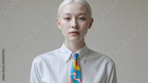 A non-binary person in a crisp button-down and colorful tie, posing straight-faced with slightly raised chin, gray neutral backdrop.

