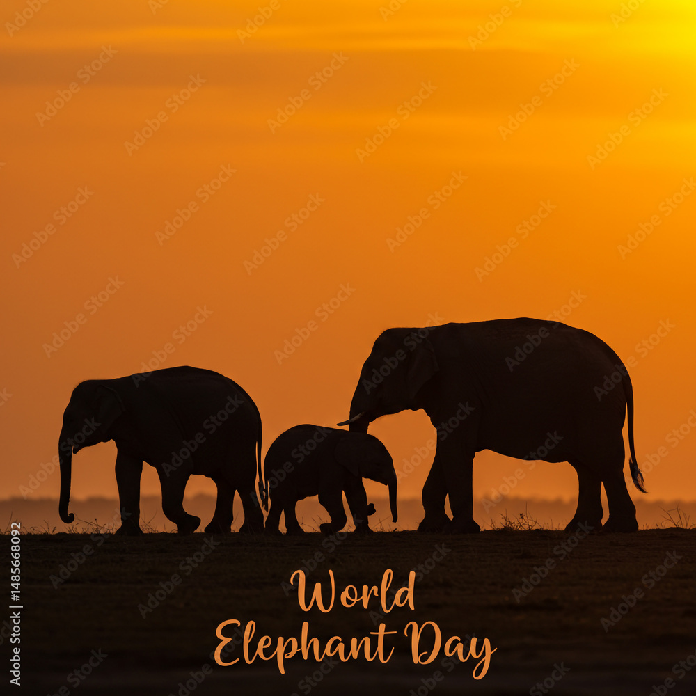 Fototapeta premium African Elephant Family Silhouette Sunset