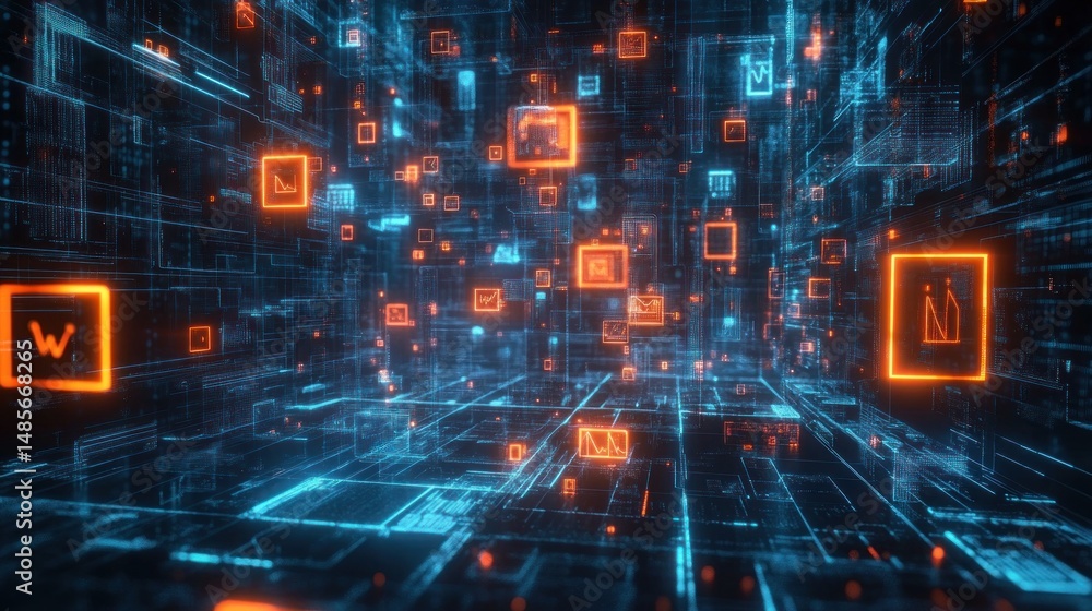 Fototapeta premium Futuristic digital tunnel with glowing blue grids and floating orange data blocks representing advanced technology and vibrant virtual data flow