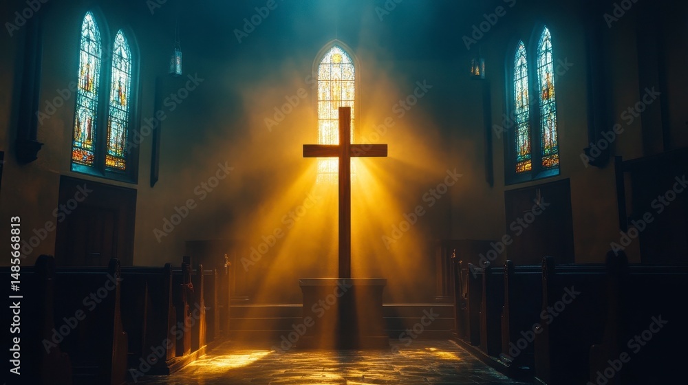 Naklejka premium Light Streaming Through Stained Glass in a Church with Cross