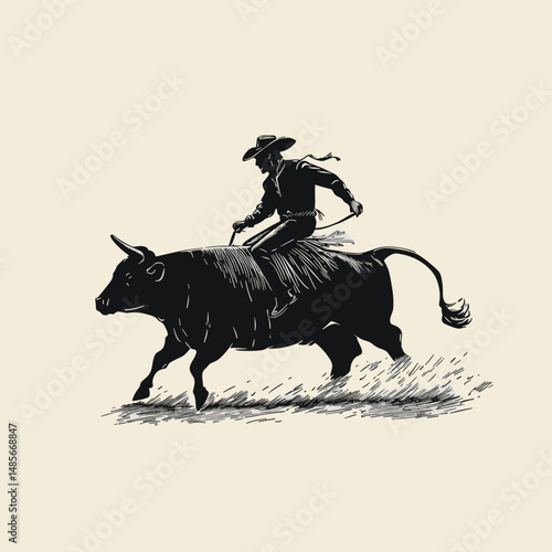 Vintage Cowboy Riding a Bull Illustration