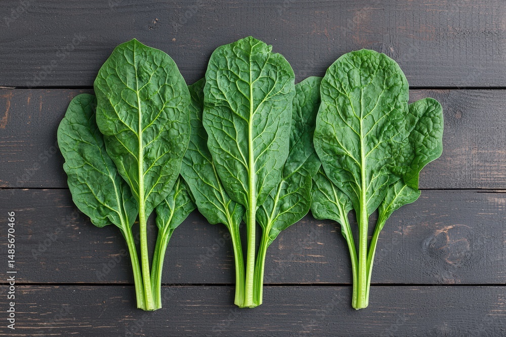 Fototapeta premium Fresh spinach leaves arranged on rustic wooden table promoting healthy eating