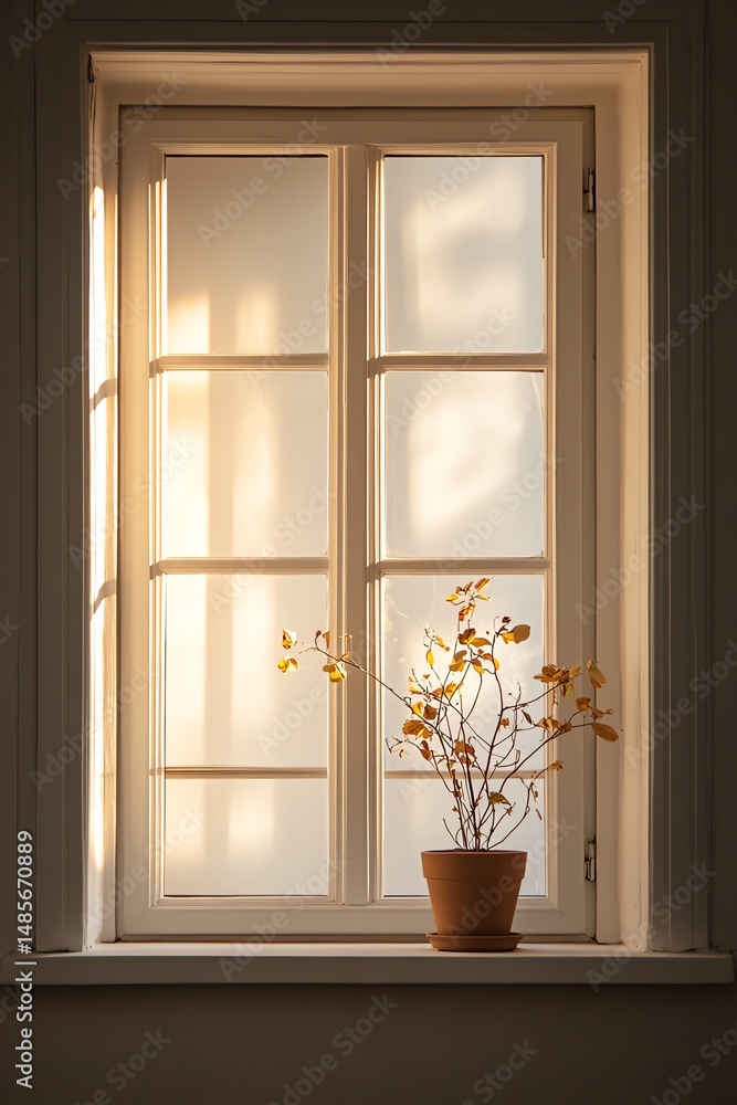 Sunlit window with potted plant, cozy home interior.