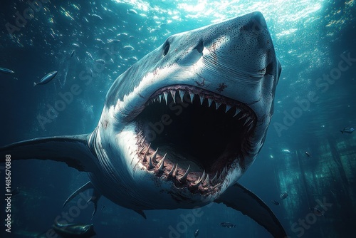 Close-up of a great white shark swimming underwater with mouth wide open showing sharp teeth among small fish in deep blue ocean