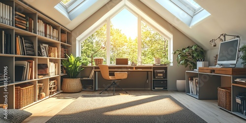 Obraz na płótnie Sunlit attic home office with bookshelves. w salonie