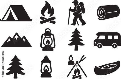 Camping elements set silhouette vector illustration on white background 