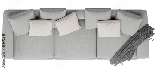 Top View of Light Gray Sofa with Multiple Cushions and Blanket