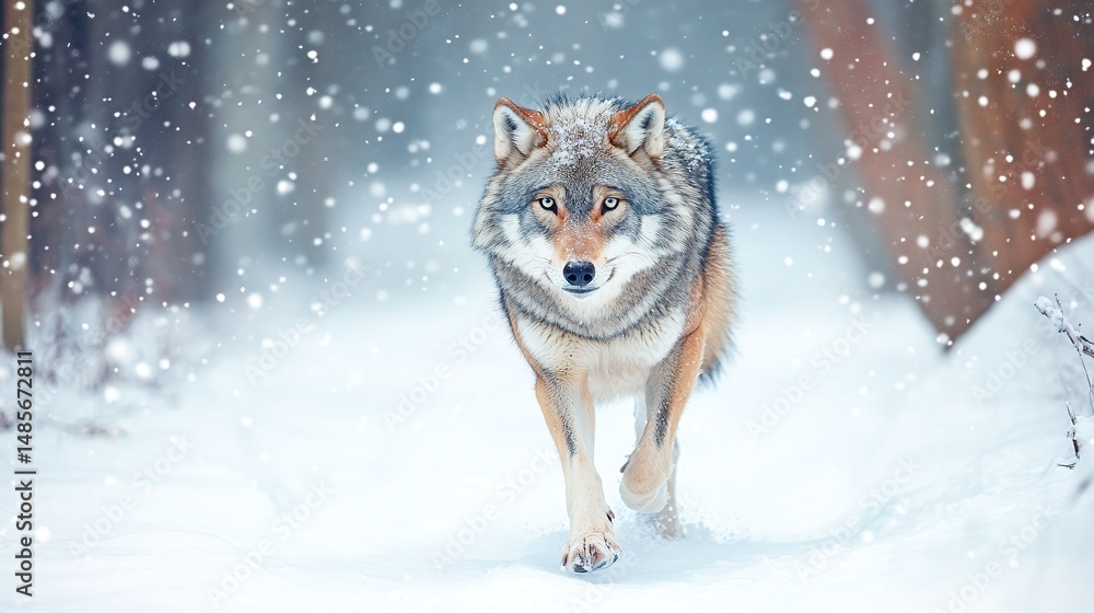 Fototapeta premium A majestic wolf strolls through a snowy forest.