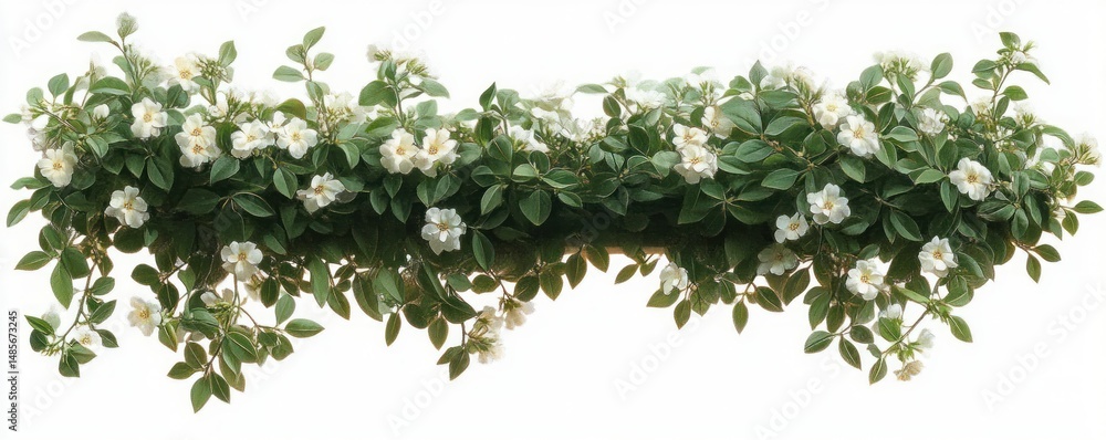Lush green leafy plant with numerous small white flowers in full bloom isolated on white background Lush green leafy plant with numerous small white flowers in full bloom isolated on white background