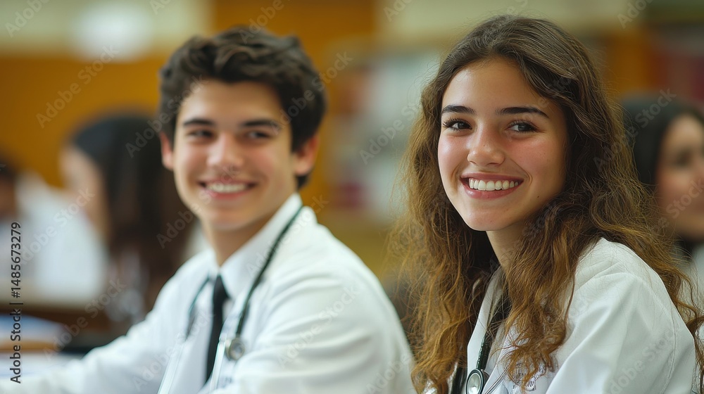 Fototapeta premium Two young medical students, a man and a woman, smile confidently while wearing their white coats. A bright and hopeful image of the future of medicine.