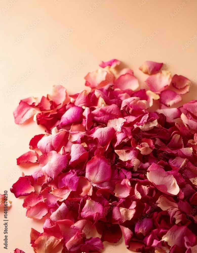 Fototapeta premium A neat pile of dried rose petals in shades of soft pink and crimson