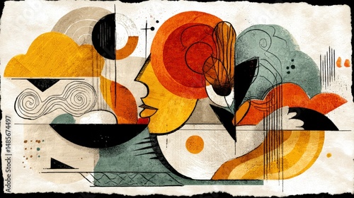 Abstract composition featuring colorful shapes and faces against a textured background