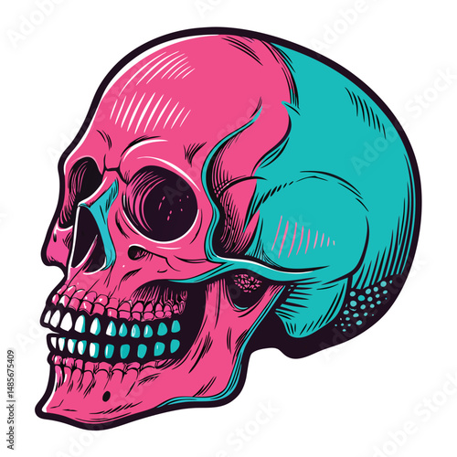 Generate a vibrant neon skull head image, heavily distorted with glitch art effects, showcasing a digital, almost psychedelic aesthetic.  The skull should have a smooth, almost polished texture.