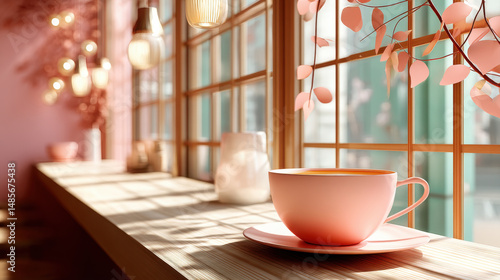 Wallpaper Mural Warm pink teacup on wooden table by large window with soft sunlight and delicate pink leaves creating cozy atmosphere Torontodigital.ca