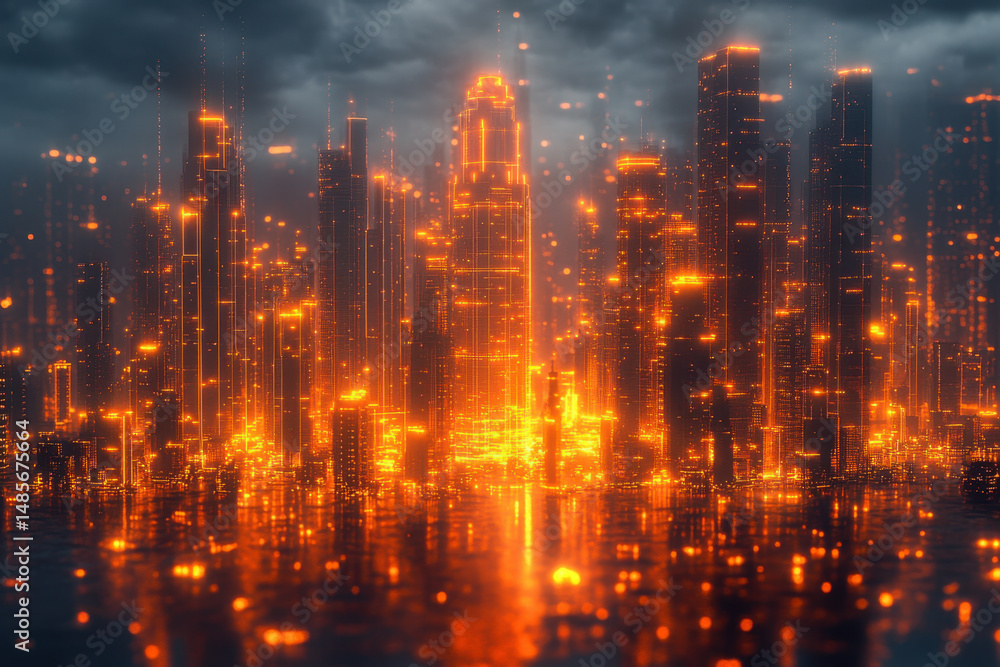 Obraz premium City lights illuminate a bustling urban street at night.