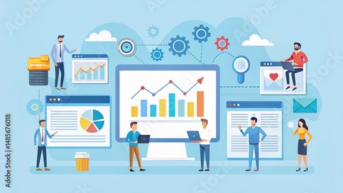 Vector art of business people and a businessman silhouette in an urban setting illustrates team success