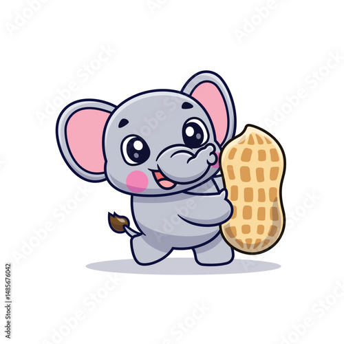 Cute Cartoon Elephant Holding Big Nuts Vector Illustration Icon, Amimals Food And Drink, Cartoon Style Flat.