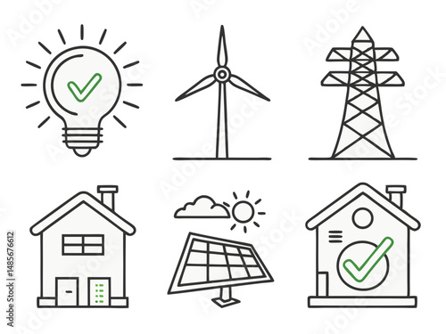 Renewable energy line icons set. Eco-friendly house, solar panels, wind turbines, solar panels. Vector illustration