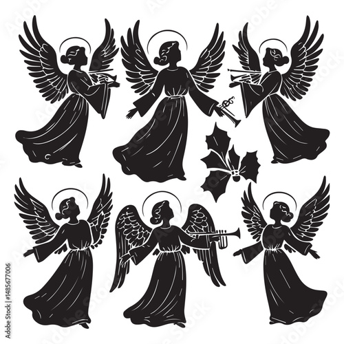 Set of black christmas angel silhouettes isolated on white background